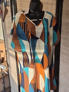 SHEIN Multicolor Geometric V-Neck Dress - Teal, Rust Orange & Cream